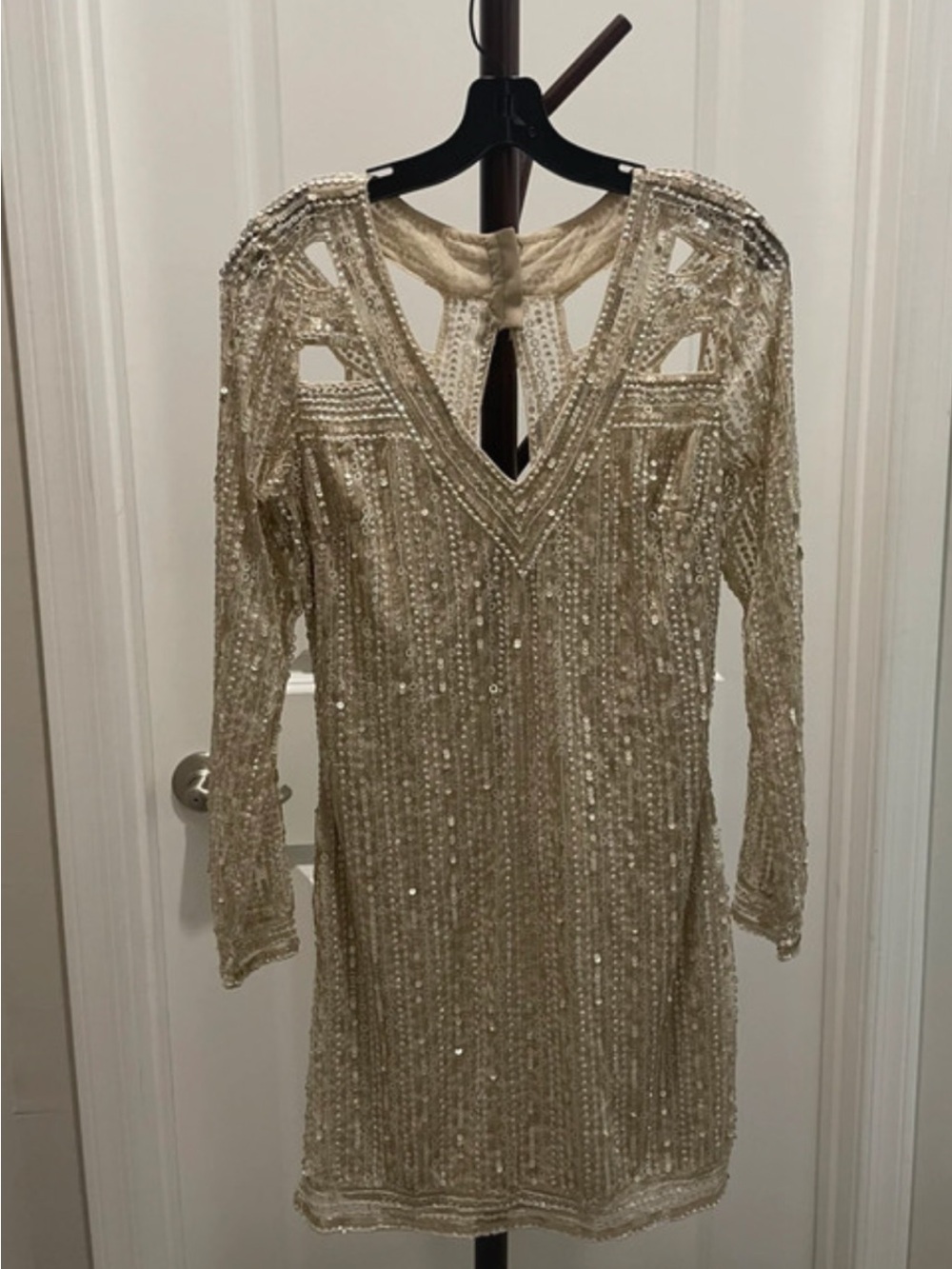 Elegant Venus champagne beaded long sleeve cocktail dress. Worn once